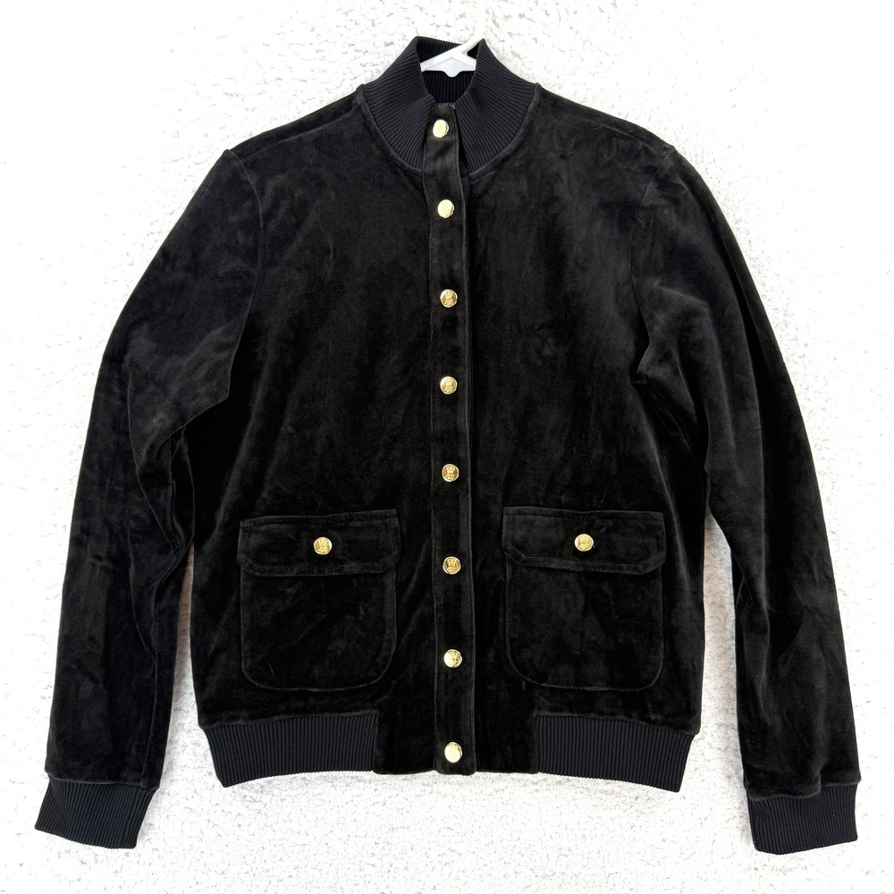Lauren Ralph Lauren Jacket Womens Petite Small Black Velour Bomber Gold Buttons